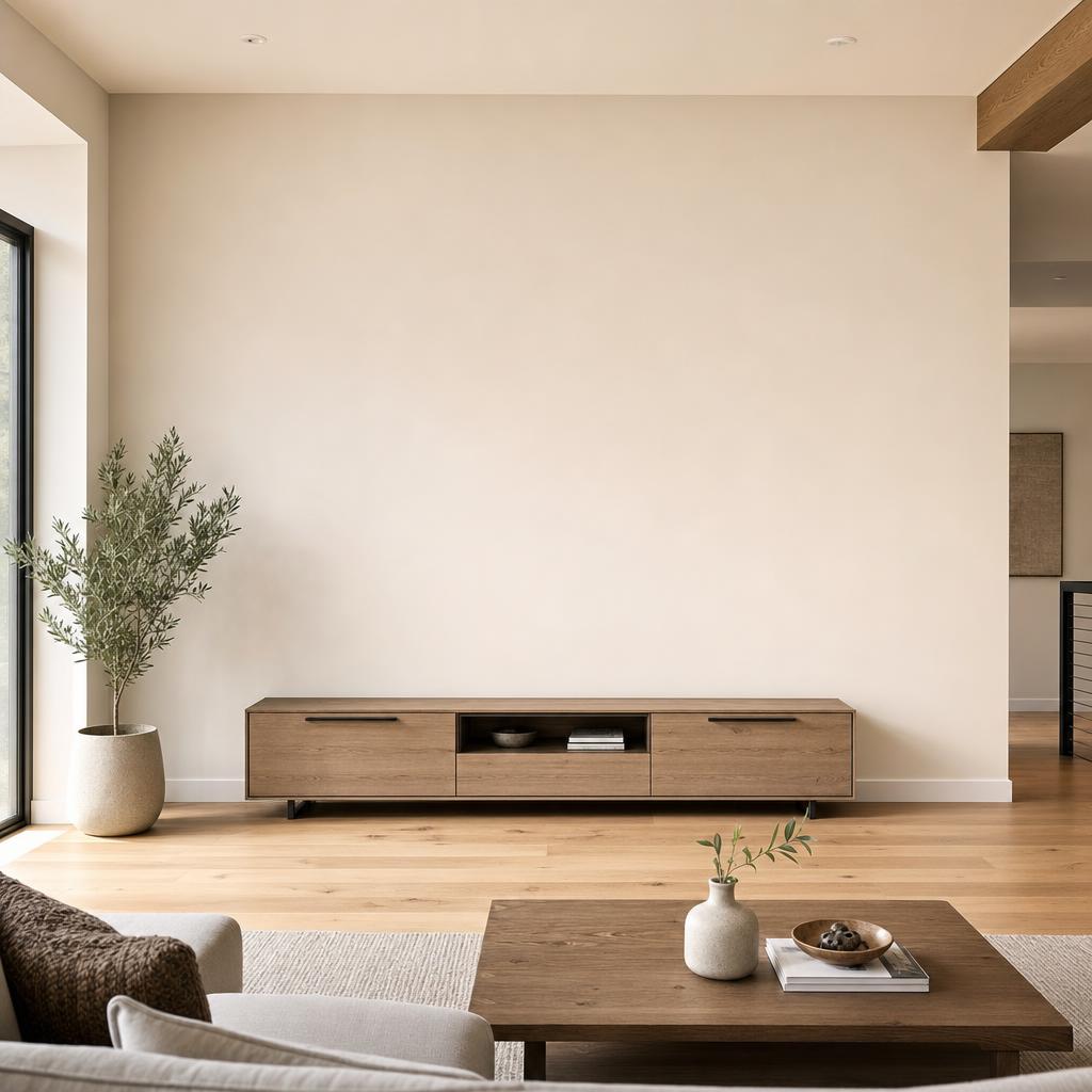 Modern living room media wall with a blank, unobstructed feature wall