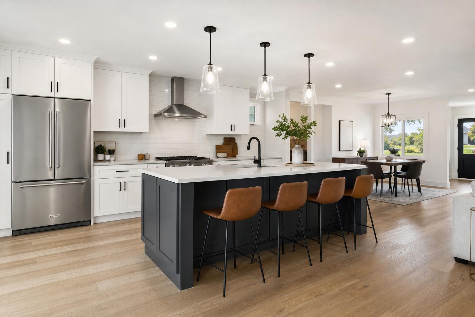 Photoreal rendering of a finished modern open-concept kitchen with white cabinetry, quartz counters, and a large island — produced before construction began (Princeton, NJ)
