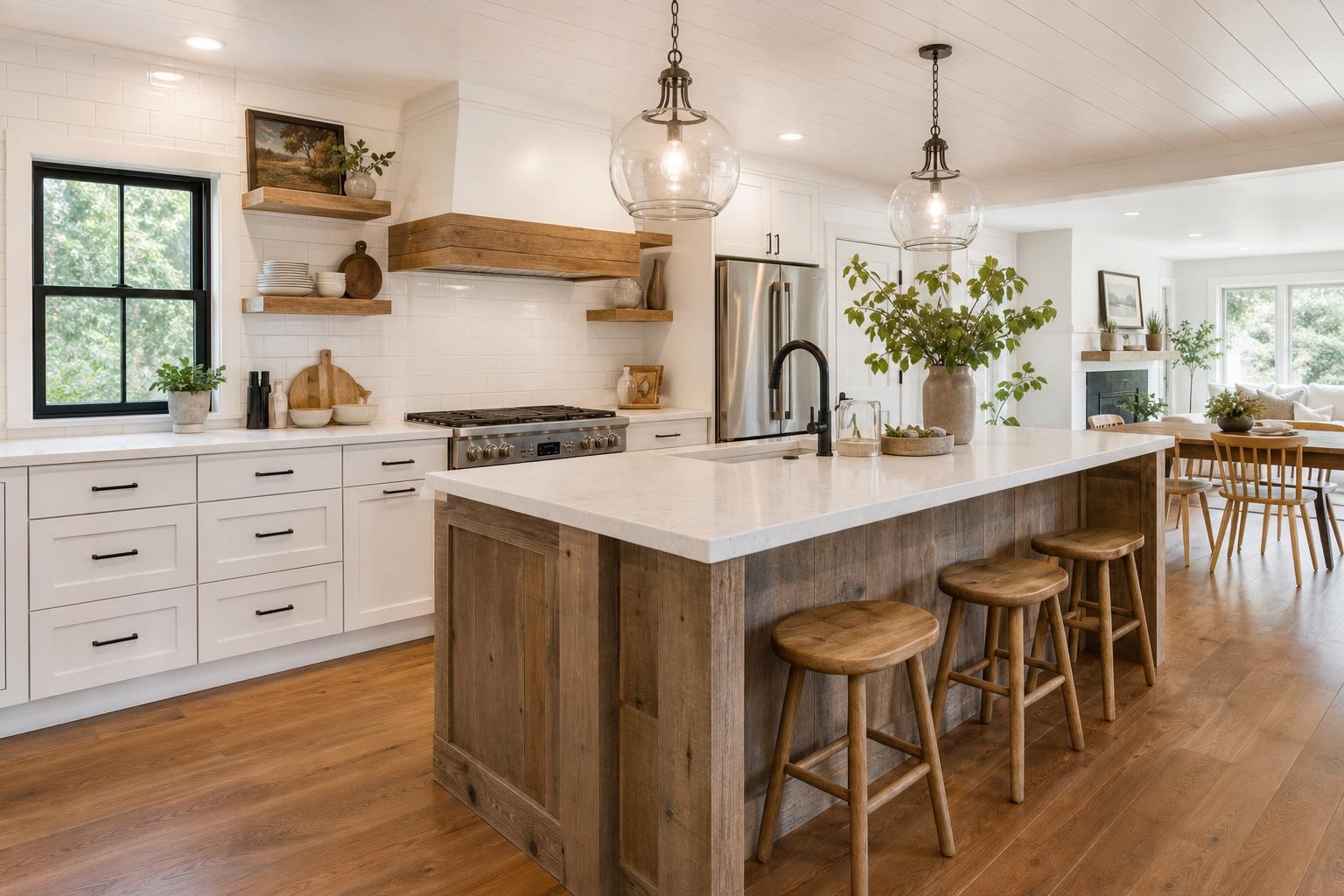 Photoreal preview of a warm farmhouse kitchen remodel — generated before construction began (Haddonfield, NJ)